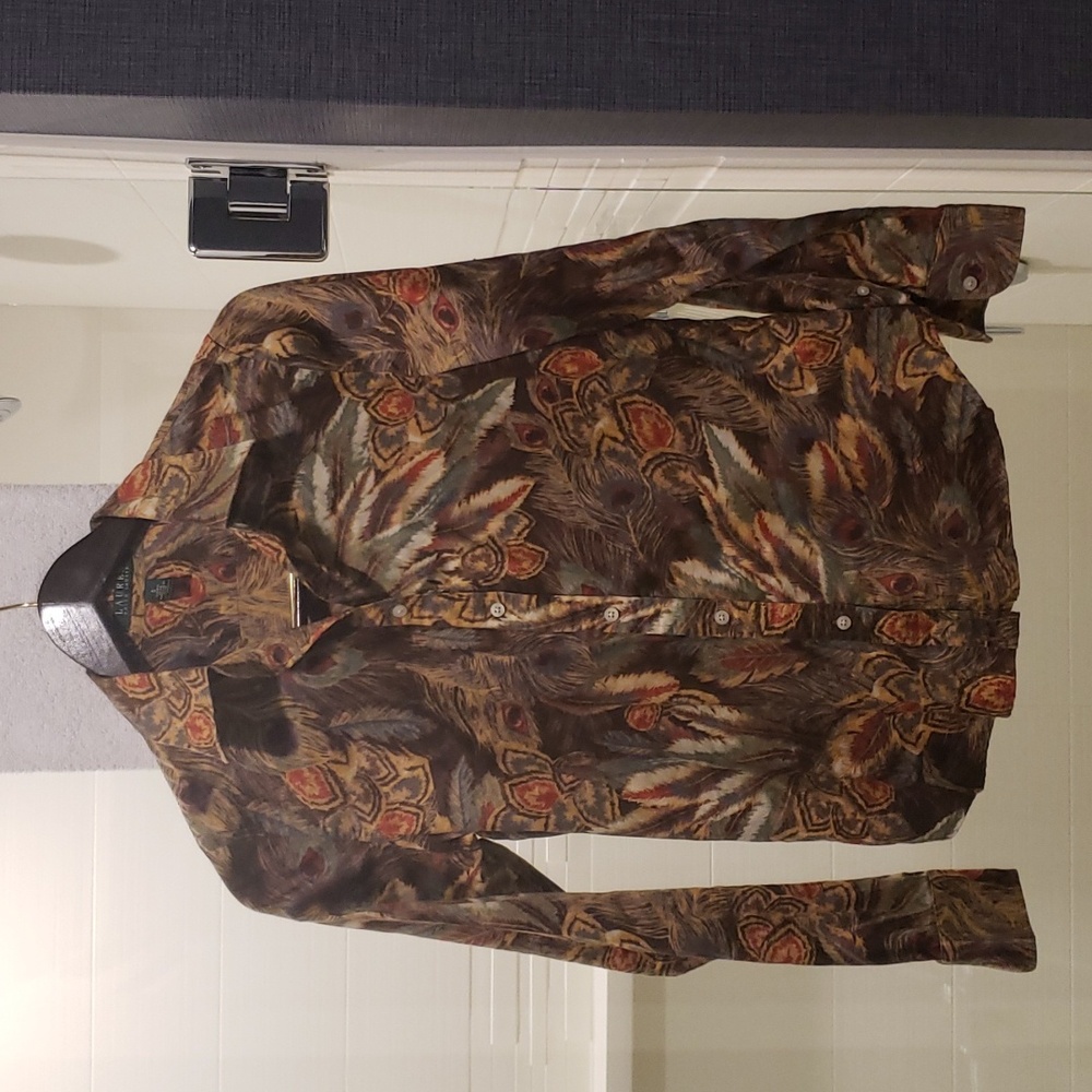 Lauren Ralph Lauren Peacock Feather Print Longsleeve Button Down Blouse Small